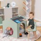 Kids' green wooden table and chair set with chalkboard, perfect for playrooms and promoting creativity and good sitting.