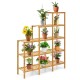 Multifunctional bamboo plant shelf display organizer with 5-tier design, perfect for indoor and outdoor plant storage.