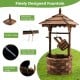Wooden patio water fountain with decorative pavilion roof, electric pump, and large capacity bucket for outdoor use.
