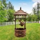 Wooden water fountain with electric pump, brown finish, featuring a detachable bucket and decorative pavilion for.