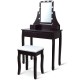 Elegant brown vanity table set with 10 LED lights, 3 drawers, and cushioned stool for makeup or writing.