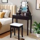 Elegant brown vanity table set with 10 LED lights, 3 drawers, and a cushioned stool for makeup and organization.
