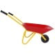 Red metal wheelbarrow for kids with seamless steel tray and rubber handle, perfect for outdoor play and transporting.