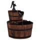 Two-tier outdoor wooden barrel waterfall fountain with pump, featuring carbonized wood and a rustic design for garden.