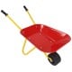 Kids metal wheelbarrow in red with seamless steel tray and yellow handles, perfect for outdoor play and yard chores.