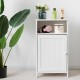 White freestanding bathroom storage cabinet with ample top surface, perfect for organizing beauty products and.