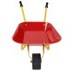 Red metal wheelbarrow with seamless steel tray and rubber handles, perfect for kids' outdoor play and yard chores.