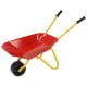 Red metal wheelbarrow for kids with seamless steel tray and rubber handles, perfect for outdoor play and yard chores.