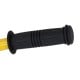 Close-up of the rubber handle on a kids' metal wheelbarrow, designed for easy control during outdoor play.