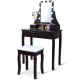 Elegant brown vanity table set with 10 LED lighted mirror, 3 drawers, and cushioned stool for beauty and organization.