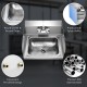 Wall-mounted stainless steel hand washing sink with faucet, side splash, and rounded corners for easy cleaning.