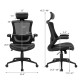 High-back executive chair in black with adjustable lumbar support, headrest, and 90° folding armrests for versatile use.