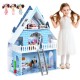 3-story wooden dollhouse with furniture and 3 dolls, designed for pretend play and safe for kids aged 3+.
