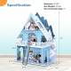 3-story wooden dollhouse with 15 furniture pieces and 3 dolls, promoting imaginative play for kids aged 3+.