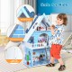 3-story wooden dollhouse with furniture and dolls, featuring smooth surfaces and anti-tip design for safe play.