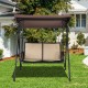 Two-seat patio porch swing with adjustable canopy and storage pockets, featuring a sturdy frame for outdoor relaxation.