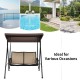 Two-seat patio porch swing with adjustable canopy and storage pockets, perfect for outdoor relaxation in various.