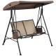 Side view of a brown 2-seat patio swing with adjustable canopy and large seat, ideal for outdoor comfort and stability.