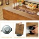 Outdoor propane fire pit table set with classic wood finish, featuring a tank holder and lava rocks for backyard.