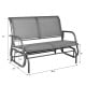 Gray swing glider chair with curved backrest and armrests, ideal for outdoor patios, accommodating two adults.