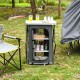 Folding camping storage cabinet with 3 shelves, waterproof oxford cloth, and spacious tabletop for outdoor use.