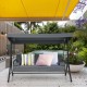 Three-seat gray patio swing with adjustable canopy, featuring removable cushions and a durable design for outdoor.