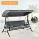 Product dimensions of a 3-seat patio outdoor swing with adjustable tilt canopy in gray, showcasing measurements for.