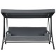 Three-seat patio outdoor swing in gray with adjustable canopy, removable cushions, and durable construction for comfort.