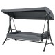 Three-seat patio outdoor swing in gray with adjustable canopy, convertible to flat bed for comfort and relaxation.