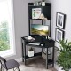 Corner computer desk with hutch and storage shelves in black, designed for optimal workspace and efficient storage.