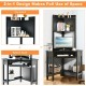 Corner computer desk with hutch and storage shelves in black, optimizing space for home office supplies and workspace.