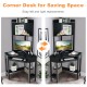 Corner computer desk with hutch in black, featuring ample storage and a space-saving design for home office use.