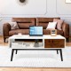 Rectangular wooden coffee table with drawer and open shelf, featuring a modern design for living room or office use.