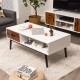 Rectangular wooden coffee table with drawer and open shelf, featuring a spacious tabletop and sturdy metal legs for.