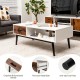 Rectangular wooden coffee table with drawer and open shelf, featuring sturdy MDF and metal legs, ideal for modern decor.