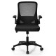 Swivel mesh office chair in black with foldable backrest and flip-up arms for space-saving and comfort.