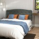 Faux linen headboard in dark gray with button detailing, adjustable heights for full size bed, stylish and comfortable.