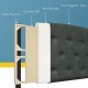 Detail of the dark gray faux linen headboard showing solid plywood, durable MDF, and soft sponge for comfort.