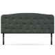 Dark gray faux linen headboard with button stitching, adjustable heights, and solid plywood construction for full size.