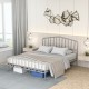 Queen size metal bed frame in silver with headboard, footboard, and under-bed storage for stylish bedroom organization.