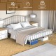 Queen size metal bed frame with headboard and footboard, silver finish, featuring under-bed storage and noise-free.