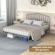 Queen size metal bed frame with headboard and footboard, silver finish, featuring 9" legs for under-bed storage.