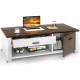Modern coffee table with a wooden top, front and back drawers, and compartments for living room storage and.