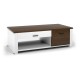 Modern coffee table in white and brown with front and back drawers, offering ample storage for living room essentials.