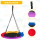 40-inch multicolor saucer swing with durable PE ropes, safety handles, and extra pillow for outdoor fun and comfort.