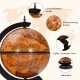 19-inch tabletop globe wine cabinet with nautical map design, brown solid wood base, and storage for 3 wine bottles.