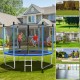 15 ft outdoor trampoline with safety net, rust-resistant steel frame, and ladder for safe family fun in the backyard.