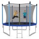 Outdoor trampoline with safety net, featuring kids jumping, sturdy steel frame, and protective foam sleeves for safety.