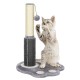 Cat scratching post with sisal rope and plush ball, gray color, designed for playful claw sharpening and exercise.