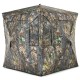 Portable 3-person hunting blind with camouflage design, gun ports, and durable weather-resistant fabric for outdoor use.